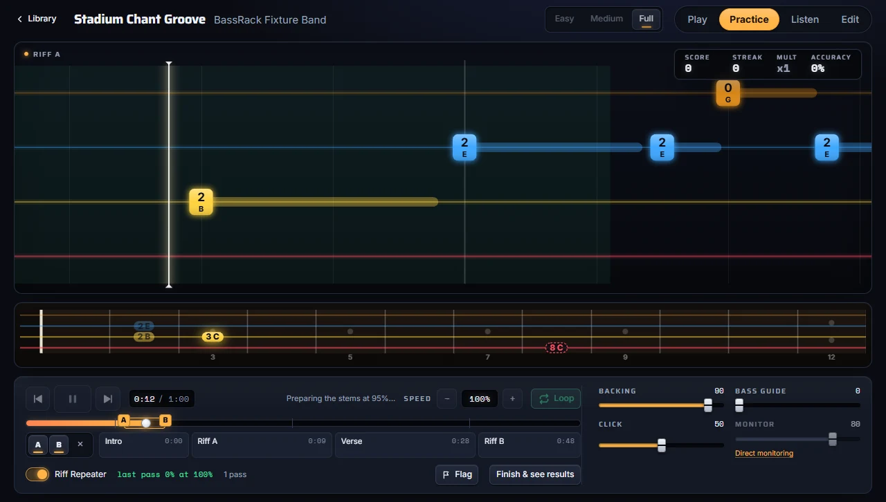 Practice mode with an A–B loop set on the timeline